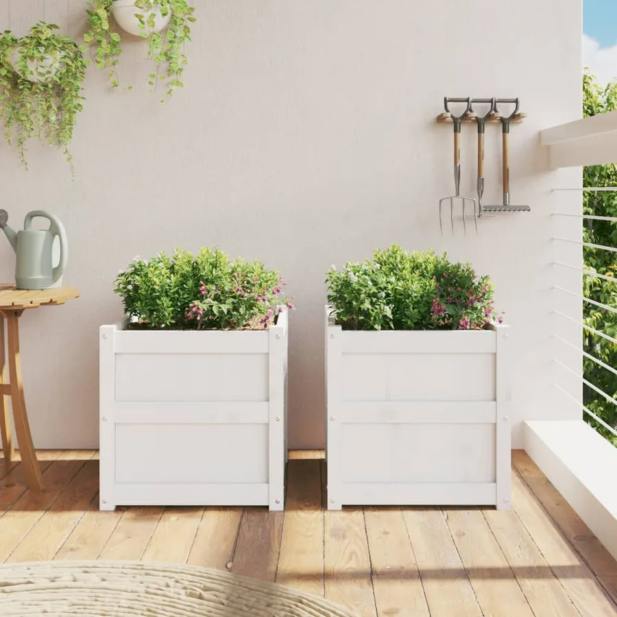 Jardinières 2 pcs blanc bois de pin massif - 3
