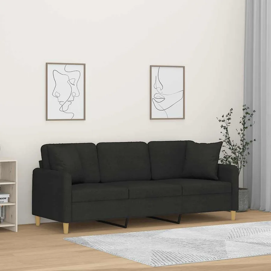 Canapé 3 places avec oreillers décoratifs noir 180 cm tissu