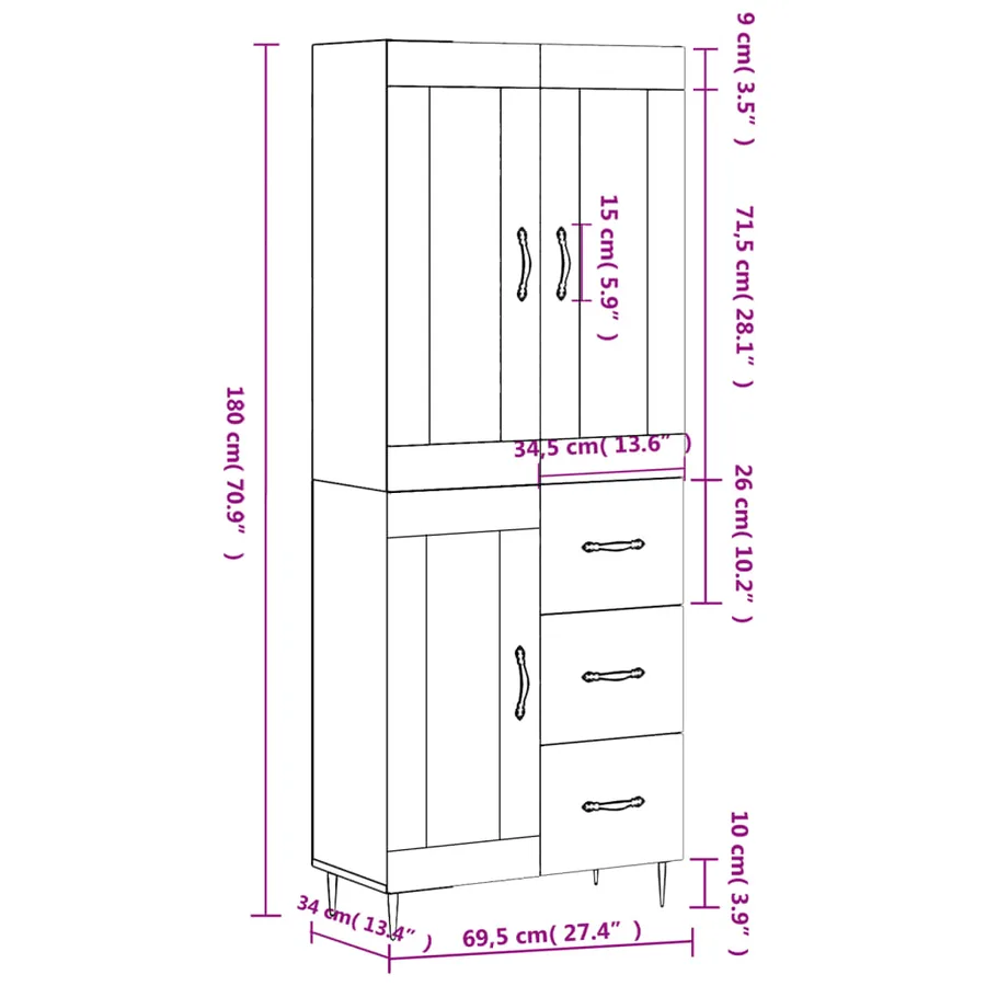 Buffet haut Sonoma gris 69,5x34x180 cm Bois d'ingénierie - 14