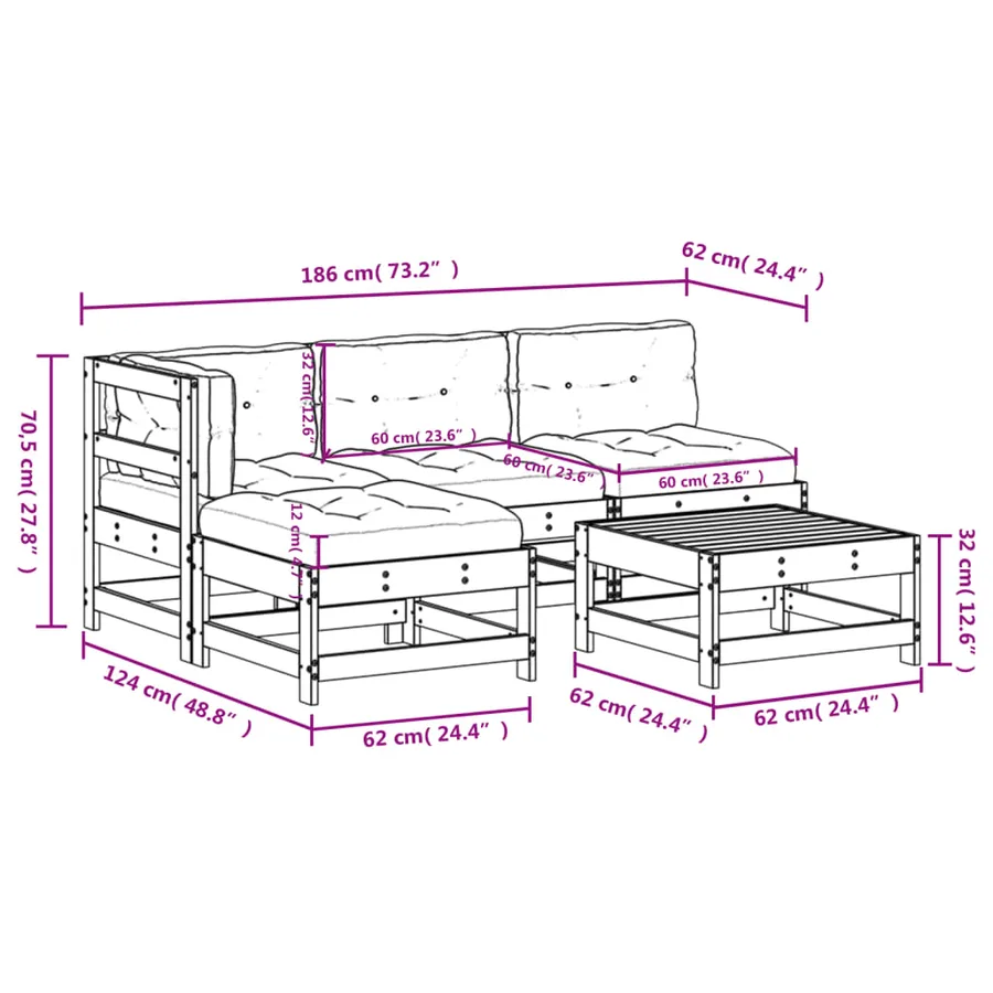 Salon de jardin 5 pcs avec coussins bois massif - 9