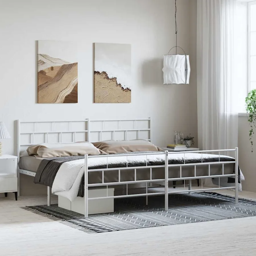 Cadre de lit métal sans matelas et pied de lit blanc 193x203 cm