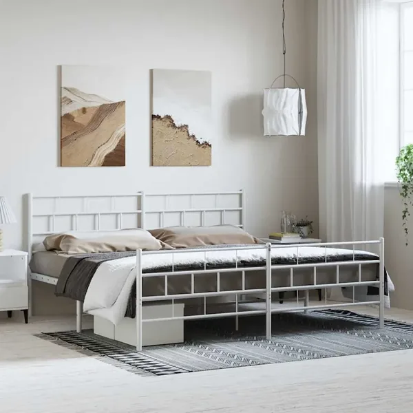 Cadre de lit métal sans matelas et pied de lit blanc 193x203 cm