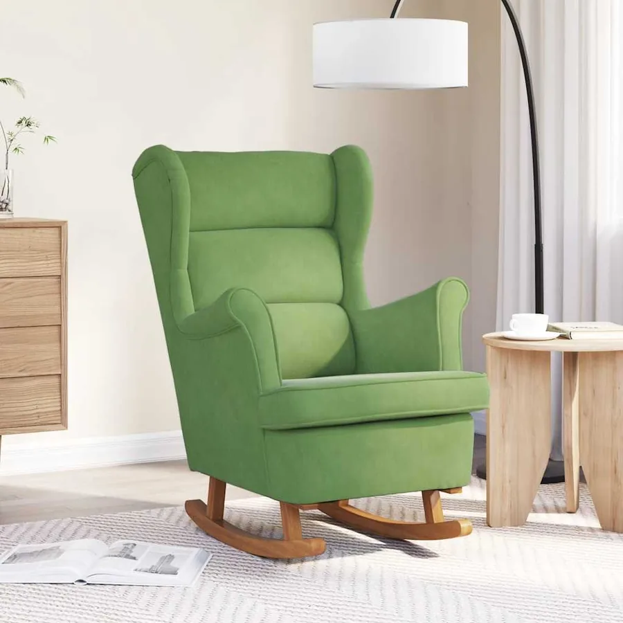 Fauteuil à bascule à oreilles en velours vert clair bois massif