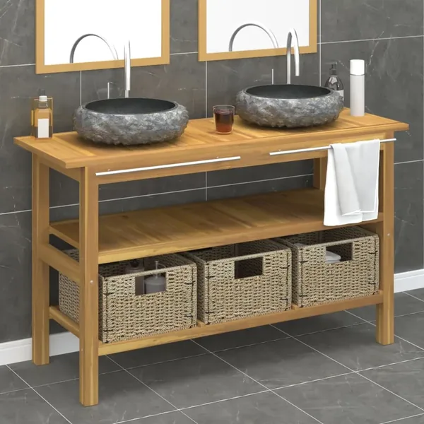 Armoire de salle de bain et lavabos en marbre noir Teck massif