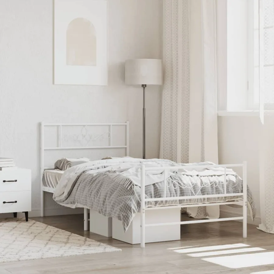 Cadre de lit métal sans matelas avec pied de lit blanc 75x190cm