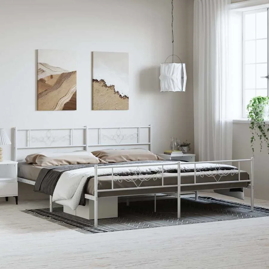 Cadre de lit métal sans matelas et pied de lit blanc 183x213 cm