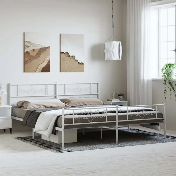 Cadre de lit métal sans matelas et pied de lit blanc 183x213 cm