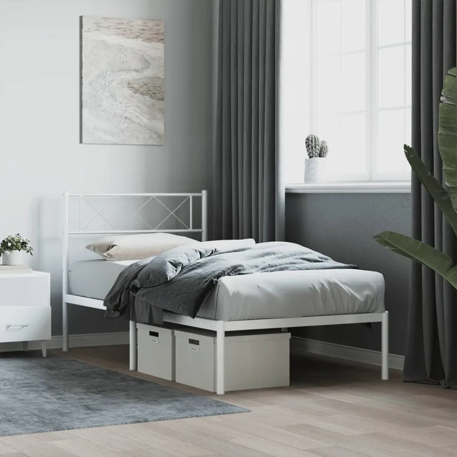 Cadre de lit métal sans matelas avec tête de lit blanc 80x200cm