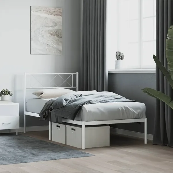 Cadre de lit métal sans matelas avec tête de lit blanc 80x200cm