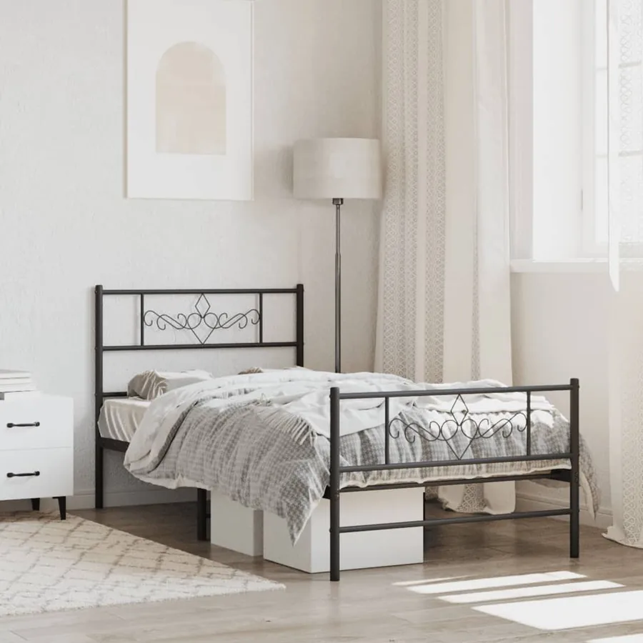 Cadre de lit métal sans matelas avec pied de lit noir 75x190 cm