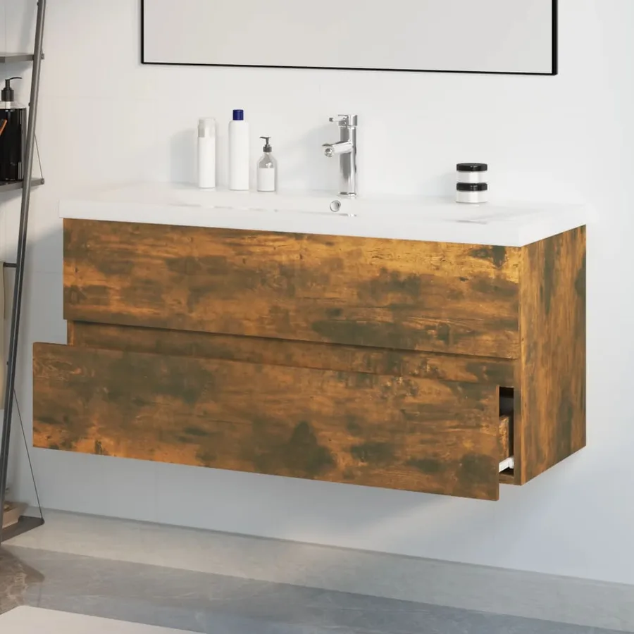 Meuble lavabo avec bassin intégré Chêne fumé Bois d'ingénierie - 4