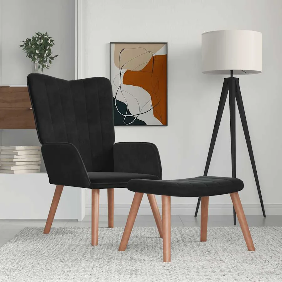 Chaise de relaxation avec repose-pied Noir Velours