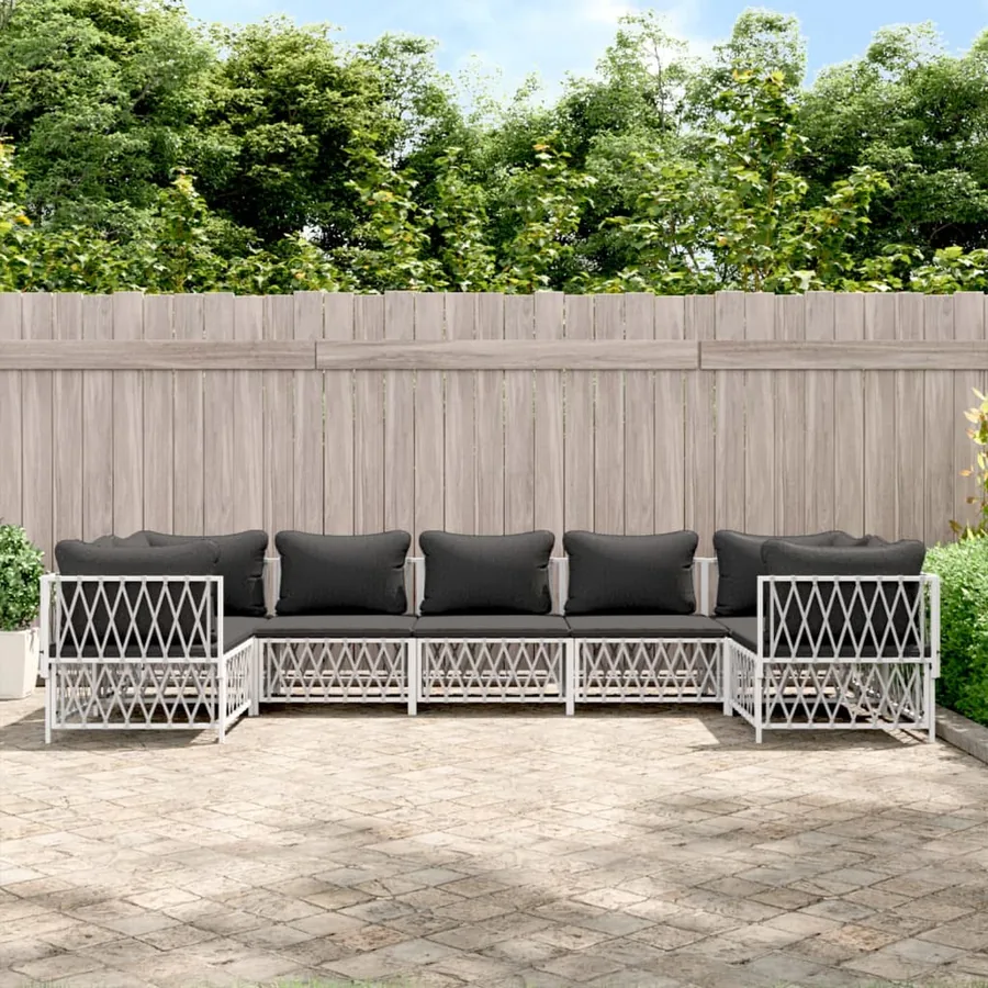 Salon de jardin 7 pcs avec coussins blanc acier