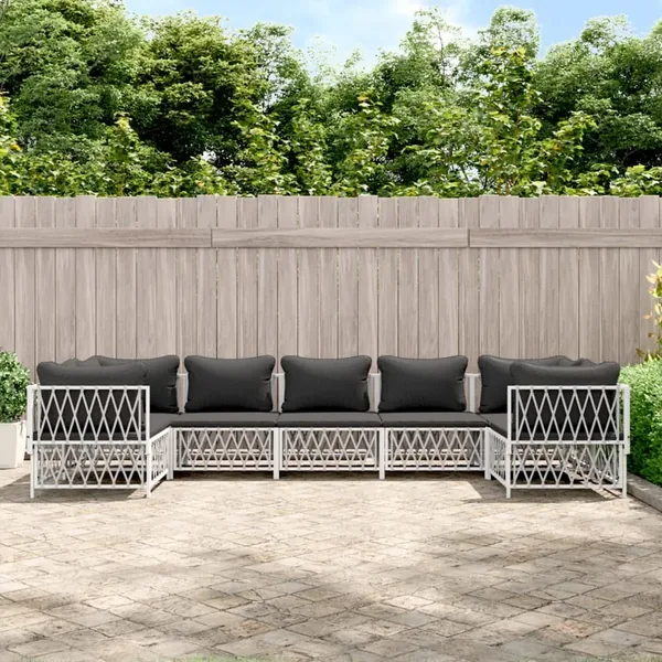 Salon de jardin 7 pcs avec coussins blanc acier