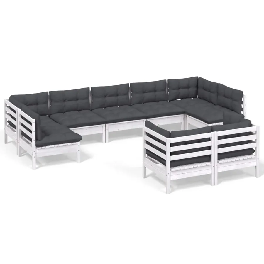 Salon de jardin 9 pcs avec coussins blanc bois de pin massif - 2