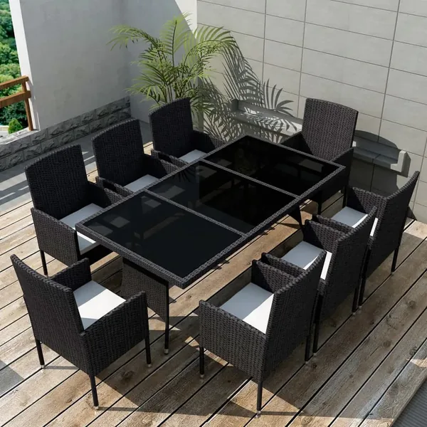 Ensemble à manger d'extérieur 9pcs coussins résine tressée noir