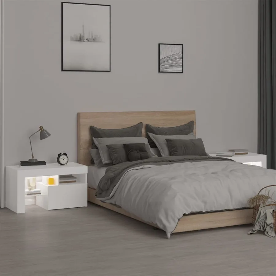 Tables de chevet 2 pcs et lumières LED Blanc 70x36,5x40 cm - 4