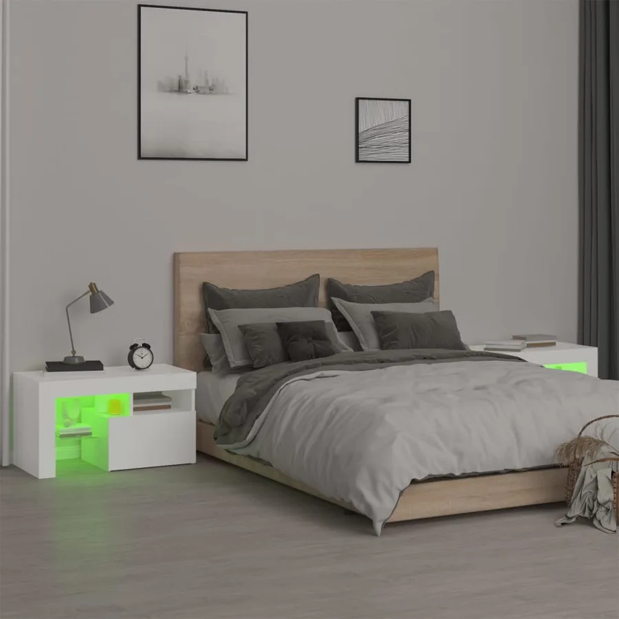 Tables de chevet 2 pcs et lumières LED Blanc 70x36,5x40 cm - 5