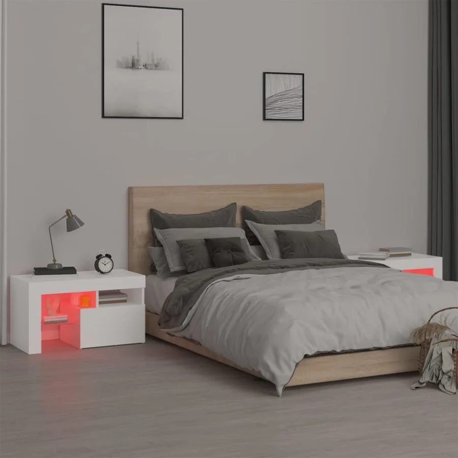 Tables de chevet 2 pcs et lumières LED Blanc 70x36,5x40 cm - 6