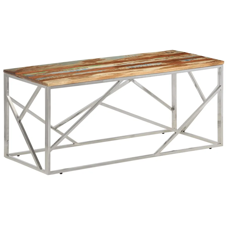 Table basse argenté inox et bois de récupération massif - 2
