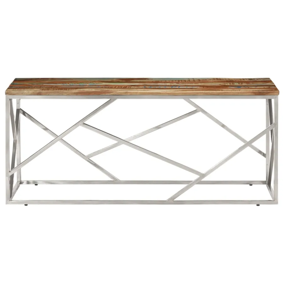 Table basse argenté inox et bois de récupération massif - 3