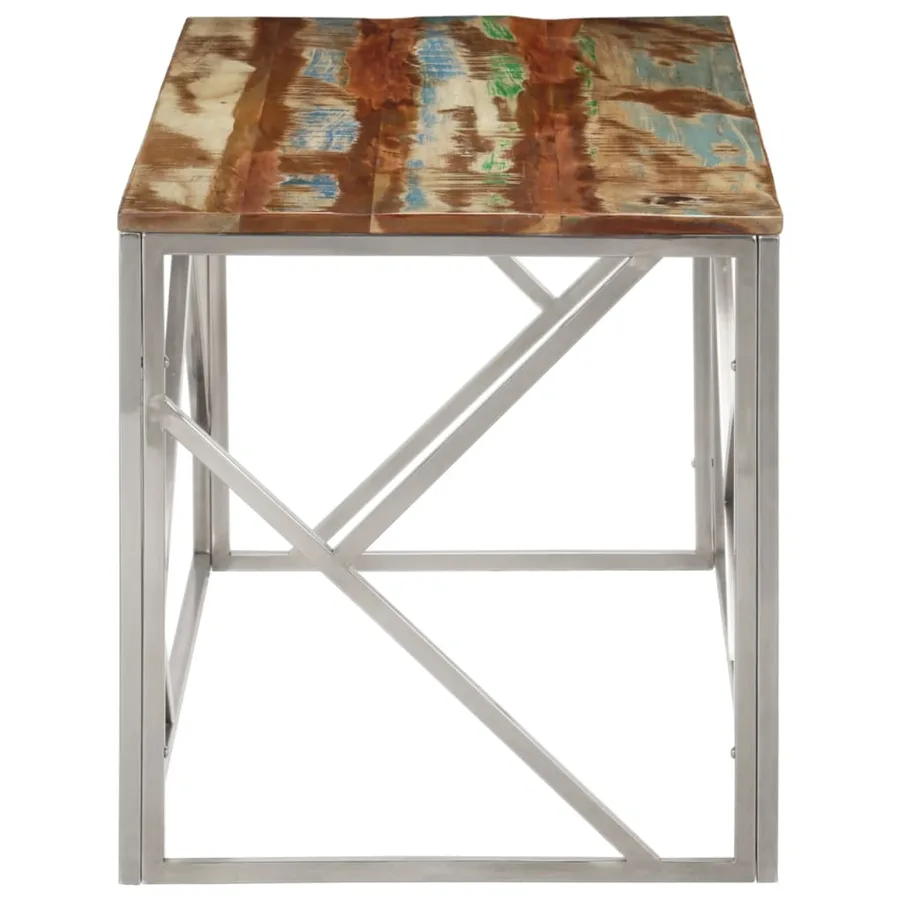 Table basse argenté inox et bois de récupération massif - 4
