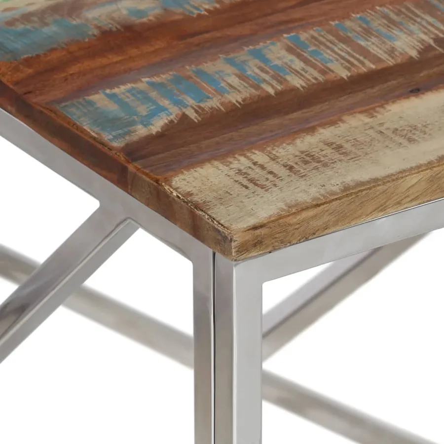 Table basse argenté inox et bois de récupération massif - 5