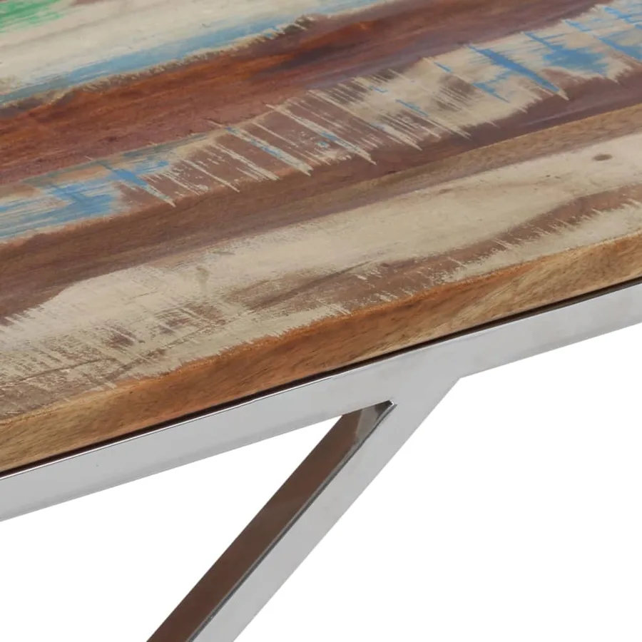 Table basse argenté inox et bois de récupération massif - 7