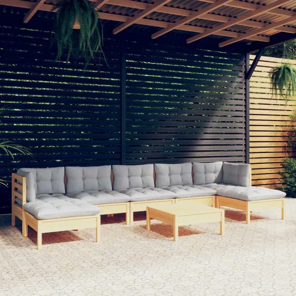 Salon de jardin 8 pcs avec coussins gris Bois de pin