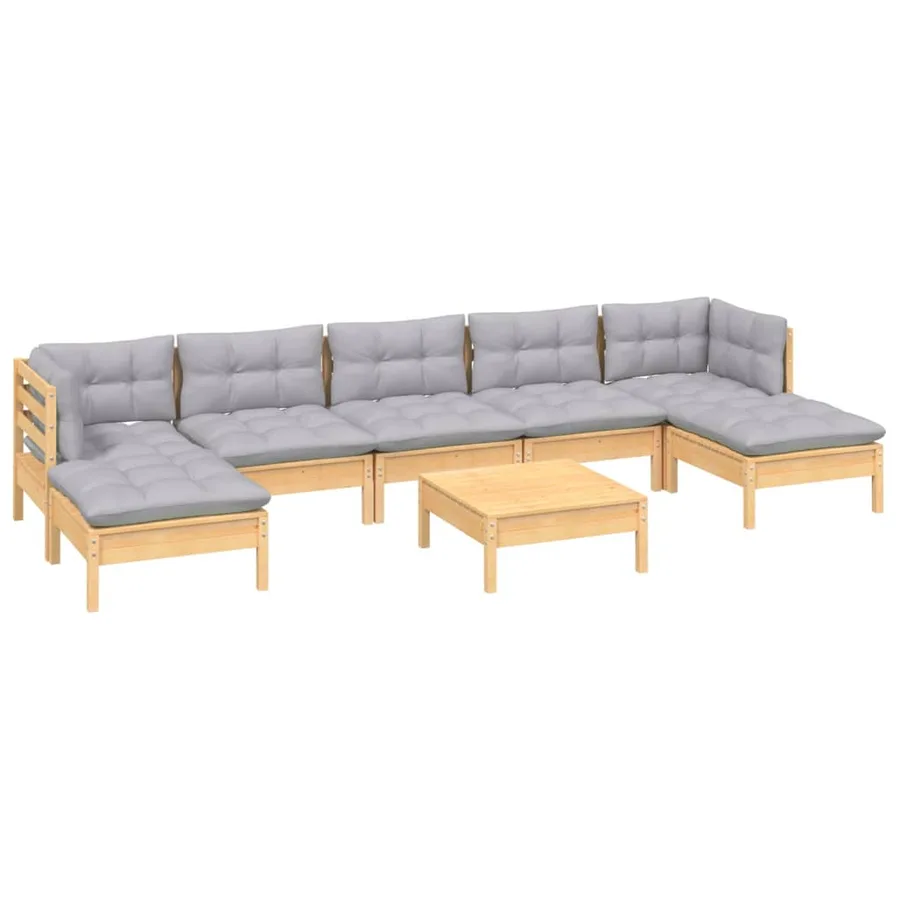 Salon de jardin 8 pcs avec coussins gris Bois de pin - 3