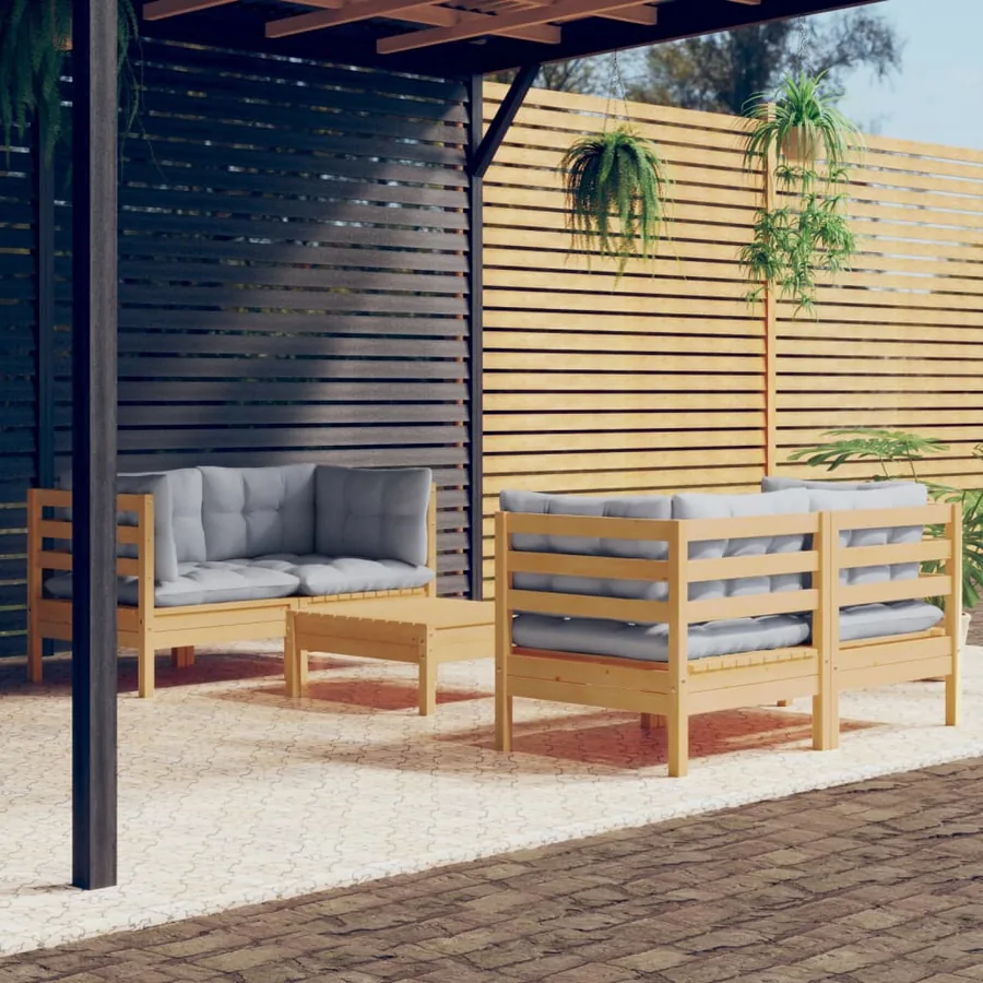 Salon de jardin 5 pcs avec coussins gris bois de pin