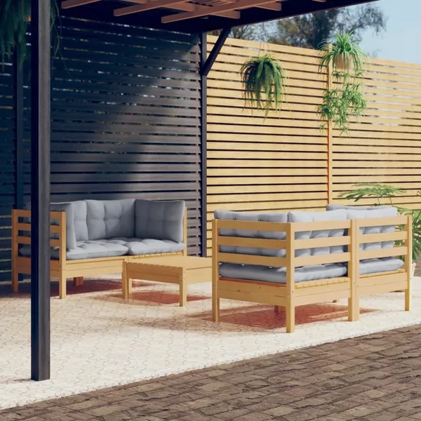 Salon de jardin 5 pcs avec coussins gris bois de pin