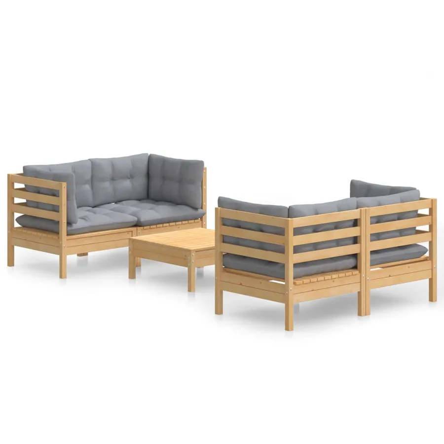 Salon de jardin 5 pcs avec coussins gris bois de pin - 2