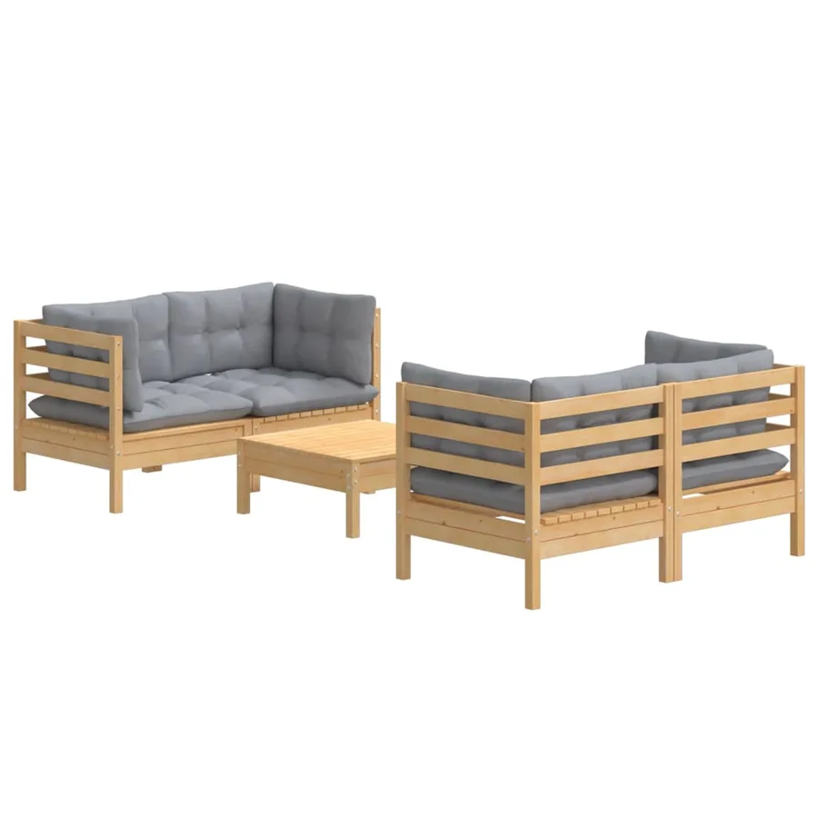Salon de jardin 5 pcs avec coussins gris bois de pin - 3