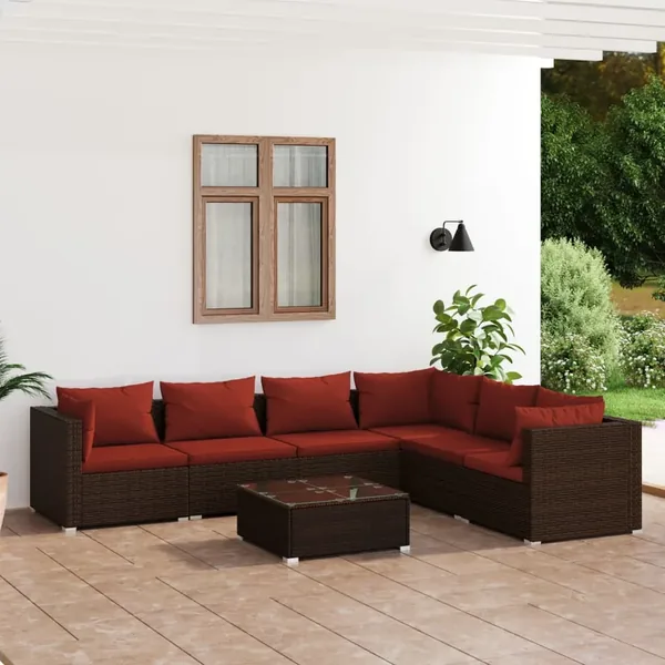 Salon de jardin 7 pcs avec coussins Résine tressée Marron