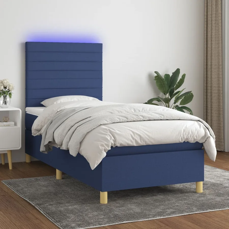 Sommier à lattes de lit et matelas et LED Bleu 90x200 cm Tissu