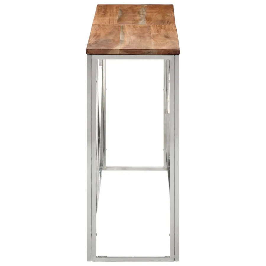 Table console argenté acier inoxydable et bois massif d'acacia - 3