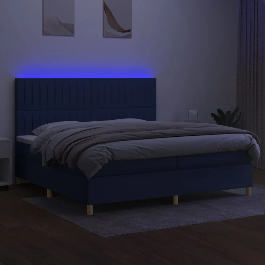 Sommier à lattes de lit et matelas et LED Bleu 200x200 cm Tissu - 4
