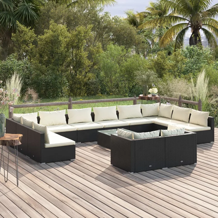 Salon de jardin 13 pcs avec coussins Noir Résine tressée
