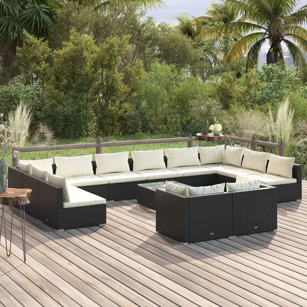 Salon de jardin 13 pcs avec coussins Noir Résine tressée