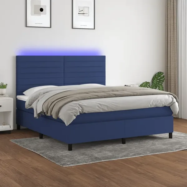 Sommier à lattes de lit et matelas et LED Bleu 160x200 cm Tissu