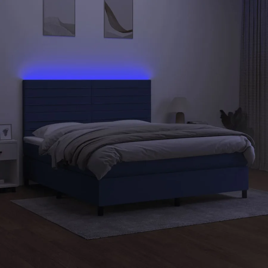 Sommier à lattes de lit et matelas et LED Bleu 160x200 cm Tissu - 4