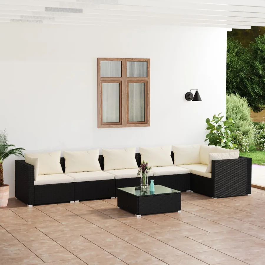 Salon de jardin 7 pcs avec coussins Résine tressée Noir