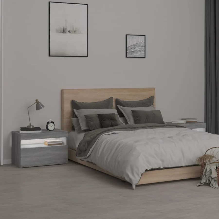 Tables de chevet 2 pcs et lumières LED Sonoma gris 60x35x40 cm - 4