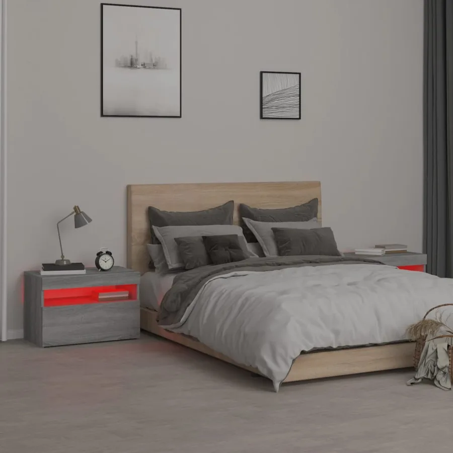 Tables de chevet 2 pcs et lumières LED Sonoma gris 60x35x40 cm - 6