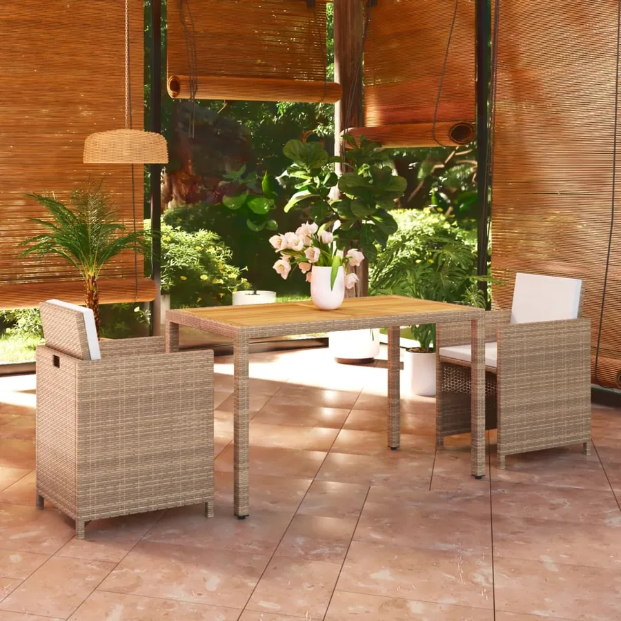 Ensemble à manger de jardin et coussins 3 pcs Poly rotin Beige