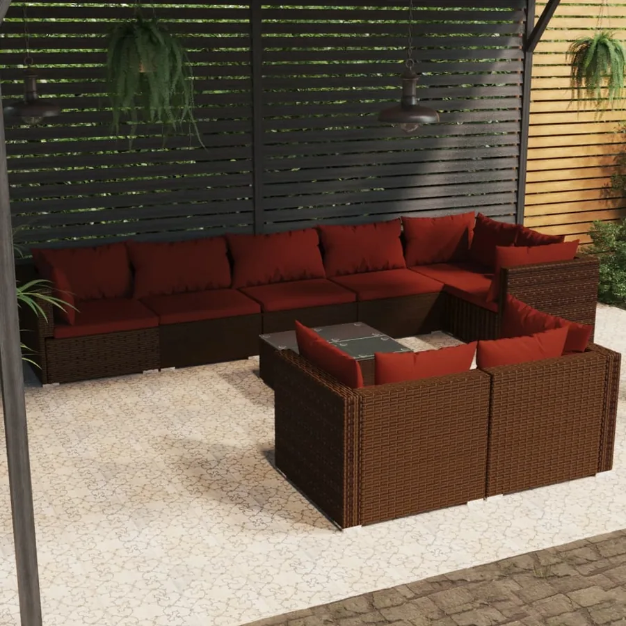 Salon de jardin avec coussins 9 pcs marron résine tressée