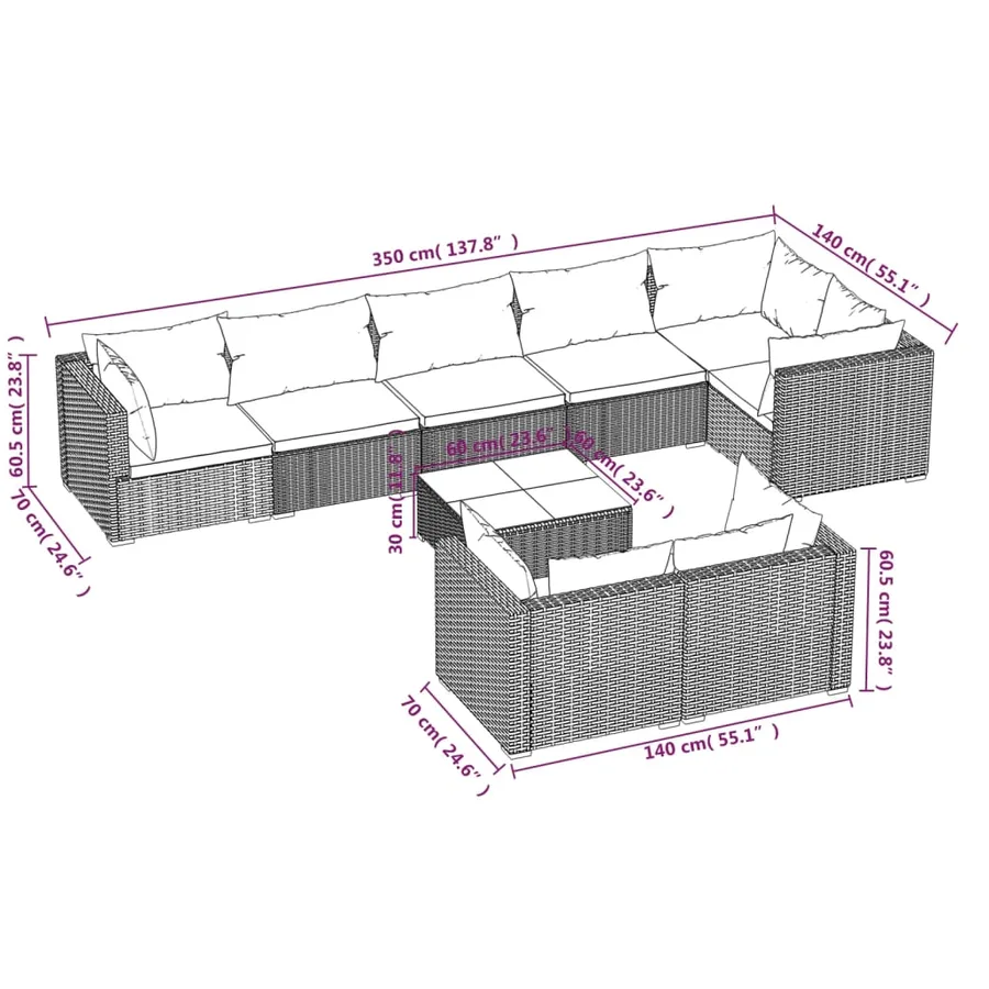 Salon de jardin avec coussins 9 pcs marron résine tressée - 6