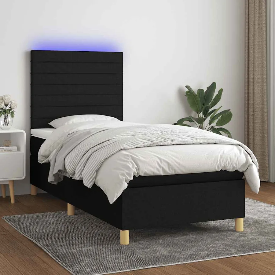 Sommier à lattes de lit et matelas et LED Noir 90x200 cm Tissu