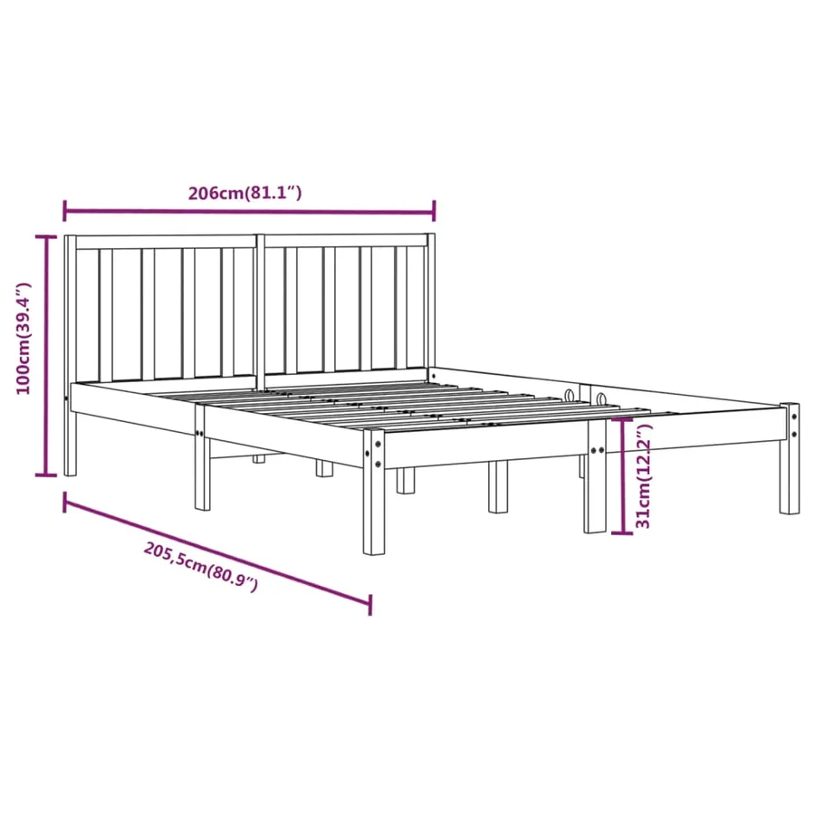Cadre de lit sans matelas noir bois massif de pin 200x200 cm - 6